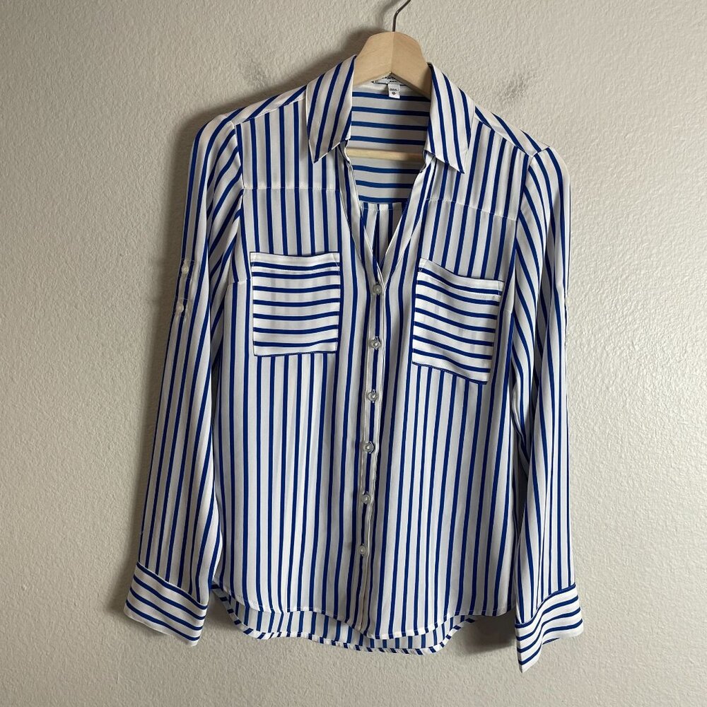 Express Womens Portofino Shirt Womens XS Slim Fit Blue White Striped‎ Button Up